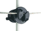 Black Gallagher electric fence insulator with screw on holding a wire against a white background