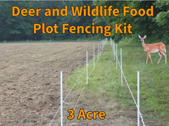 Gallagher Deer and wildlife food plot fencing kit with a deer in a field, text indicating 3-acre size.